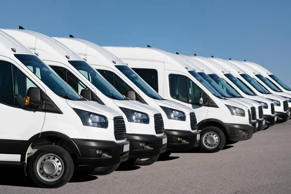 Delivery vans are parked in rows. Commercial fleet