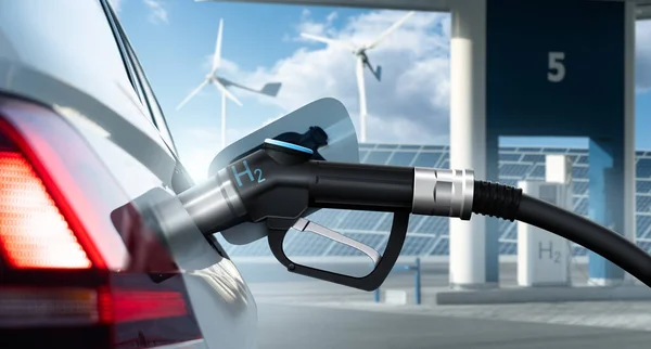 Close Fuel Cell Car Connected Hydrogen Fueling Nozzle Background Filling — Stock Photo, Image