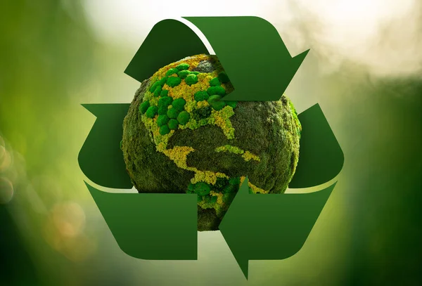 Green planet Earth with recycling symbol. Concept