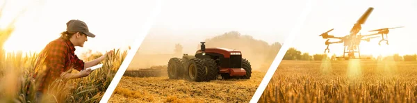 Smart farm banner. Farmer with digital tablet, autonomous tractor and drone sprayer.