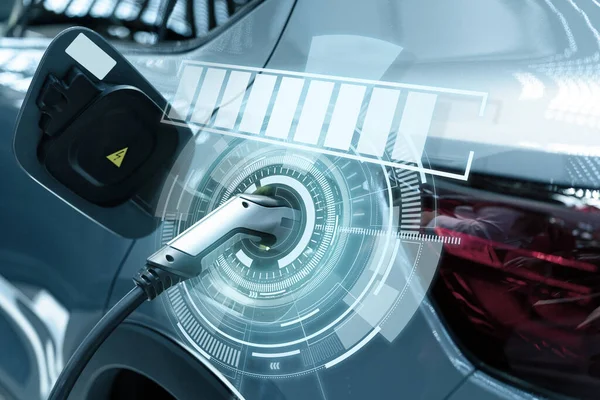 Close Electric Car Inlet Connected Charging Cable Infographics — Stock Photo, Image