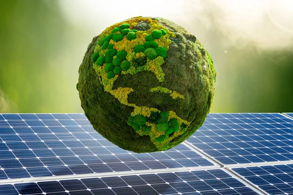 Green Planet Earth Natural Moss Background Solar Panels Symbol Sustainable — Stock Photo, Image