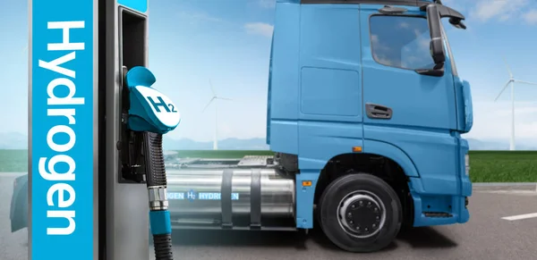 Hydrogen filling station on a background of fuel cell semi truck