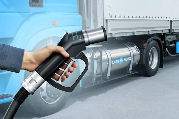 Hånd Med Tankning Dyse Baggrund Hydrogen Brændselscelle Semi Lastbil Med - Stock-foto