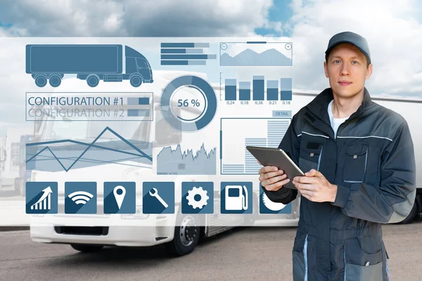 Manager Digital Tablet Next Trucks Fleet Management — Stock Photo, Image