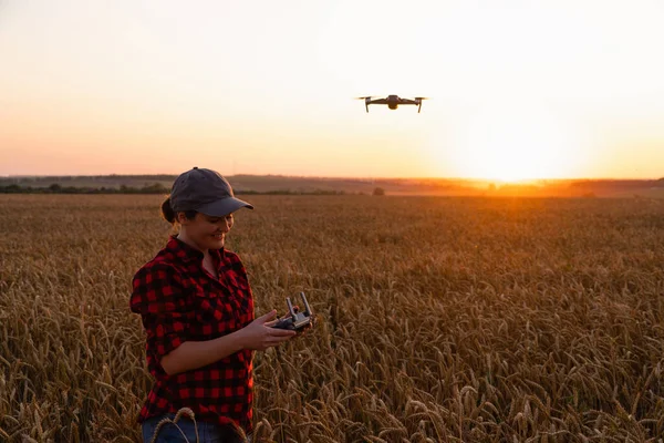 Farmer Controls Drone Sprayer Tablet Sunset Smart Farming Precision Agriculture — Stok fotoğraf