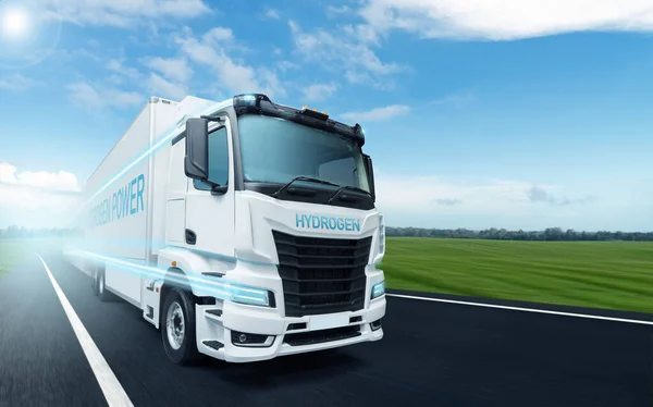 Hydrogen fuel cell semi truck on a road. Eco-friendly commercial vehicle concept