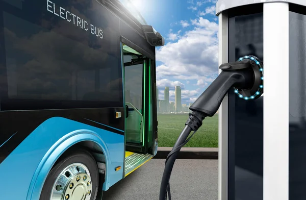 Elektrisk Stadsbuss Med Laddstation Bakgrund Stadsbilden Gröna Transporter Och Ren — Stockfoto