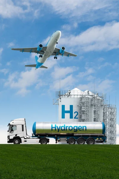Airplane and truck with hydrogen tank trailer on the background of gas storage. New energy sources