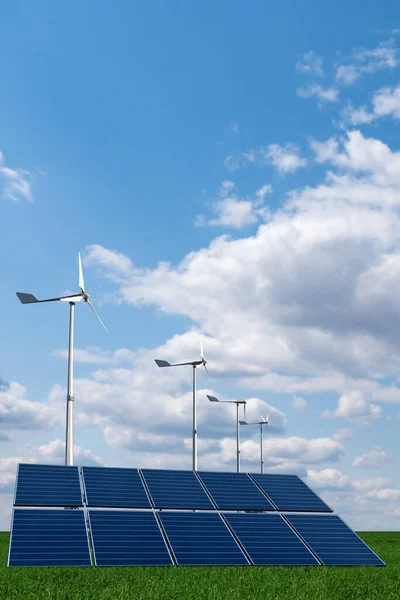 Painéis Solares Turbinas Eólicas Campo Verde Conceito Energias Renováveis Limpas — Fotografia de Stock