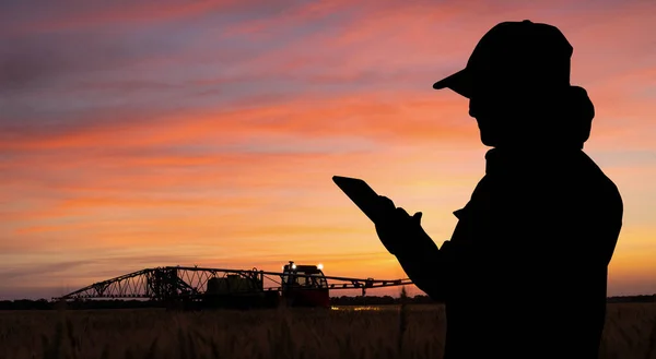 Farmer Controls Sprayer Tablet Night Smart Farming Precision Agriculture — Stok fotoğraf