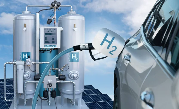 Car with hydrogen fueling nozzle on a background of H2 factory. Hydrogen production from renewable energy sources concept