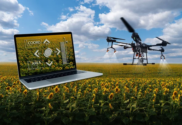 Drone sprayer and laptop. Smart farm