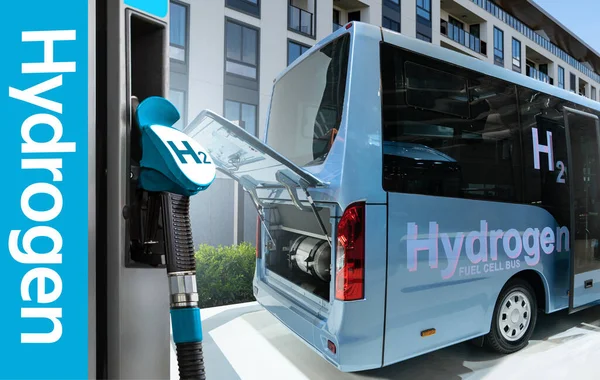 A hydrogen fuel cell bus with an open hood and a hydrogen tank inside.