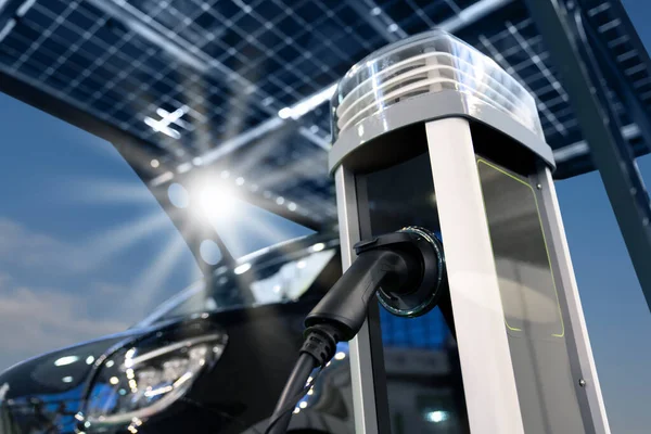 Electric Car Charged Charging Station Takes Energy Solar Panels Close — Stock Photo, Image