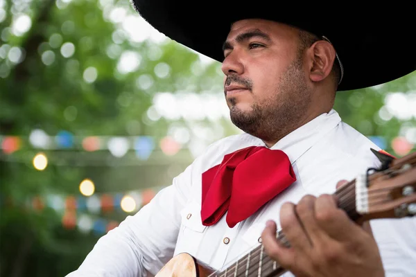 Mexican Musician Mariachi Guitar Blurred Party Background — Stockfoto