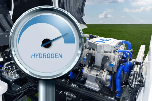 Hydrogen gauge on a background of fuel cell hydrogen truck engine.