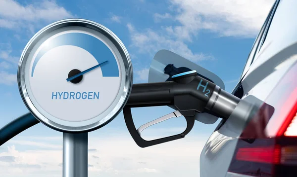 Close Fuel Cell Car Connected Hydrogen Fueling Nozzle Hydrogen Gauge — Stock Photo, Image