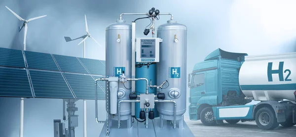 Výroba Vodíku Obnovitelných Zdrojů Energie Elektrolýzou Přepravou Nákladními Vozidly Koncept — Stock fotografie