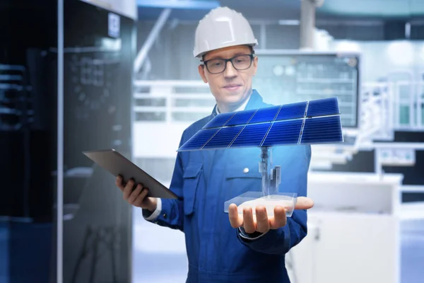 Development Engineer Holds His Hands Model Solar Panel Created Augmented —  Fotos de Stock