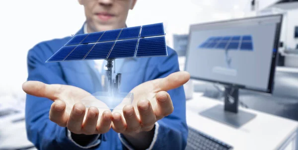 Development Engineer Holds His Hands Model Solar Panel Created Augmented —  Fotos de Stock