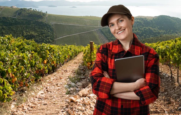 A woman farmer with digital tablet on a background of vineyard. Smart farming and digital agriculture.