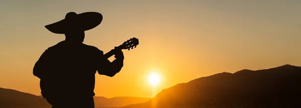 Silhouette Eines Mexikanischen Musikers Mariachi Mit Einer Gitarre Vor Dem — Stockfoto