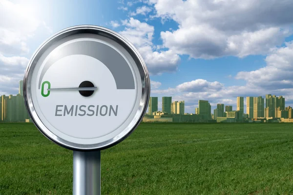 Messgerät Mit Der Aufschrift Emission Pfeil Zeigt Auf Null Konzept — Stockfoto