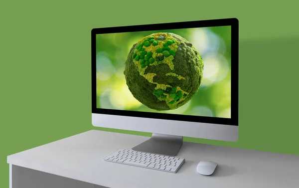 Computer Mit Grünem Planeten Erde Auf Einem Bildschirm — Stockfoto