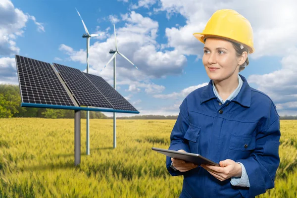 Woman Engineer Tablet Computer Background Wind Turbines Solar Panels — Stock Photo, Image