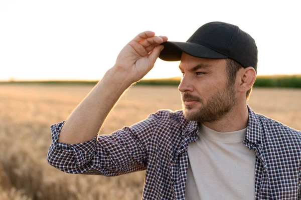 Bearded Farmer Cap Plaid Shirt Background Field — Stockfoto