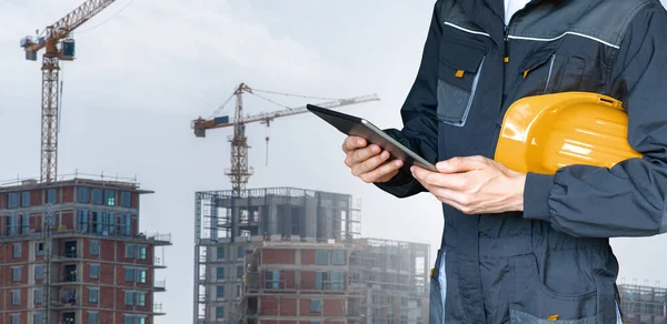 Engineer Digital Tablet Background Building Construction — Stock Photo, Image