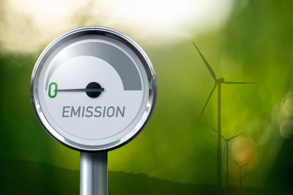 Calibro Con Iscrizione Emission Freccia Punta Zero Concetto Energia Verde — Foto Stock