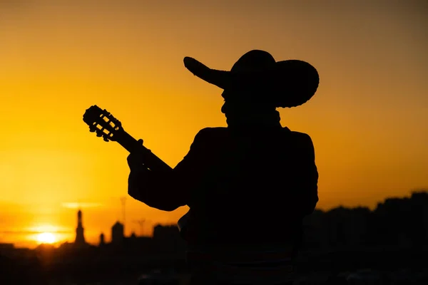 街のパノラマを背景にギターを持つメキシコの音楽家マリアーチのシルエット — ストック写真