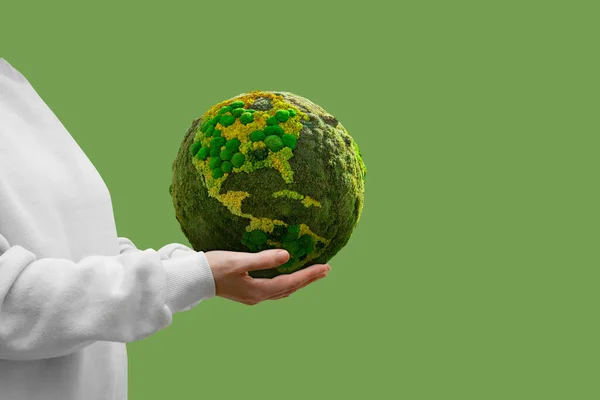 Woman Holds Green Planet Earth Symbol Sustainable Development Renewable Energy — Stock Photo, Image