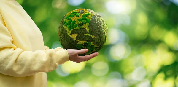 Woman Holds Green Planet Earth Symbol Sustainable Development Renewable Energy — Stockfoto