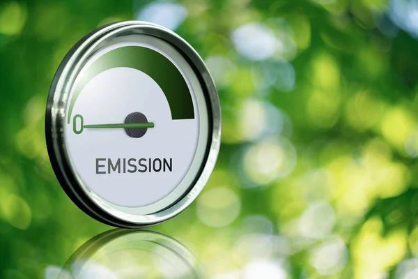 Gauge Med Inskription Emission Pilen Pekar Noll Begreppet Grön Energi — Stockfoto