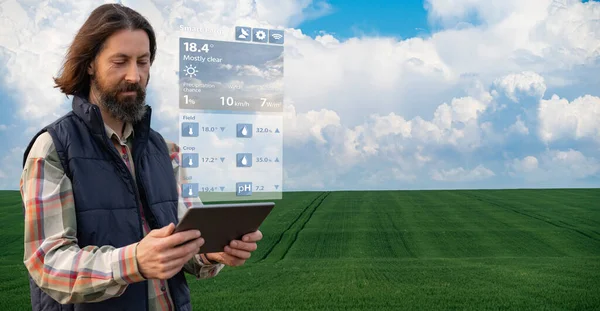 Farmer with digital tablet on an agricultural field. Smart farming and digital agriculture