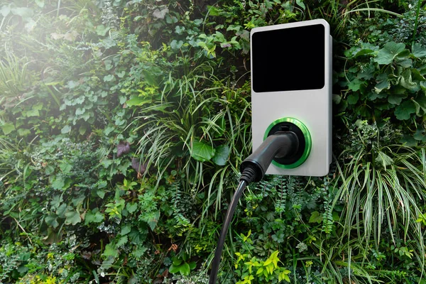 Elektromos Autó Töltőállomás Zöld Fal Növények — Stock Fotó