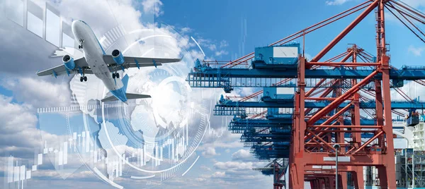 stock image Airplane in the sky above the crane in the seaport. World trade and transportation concept