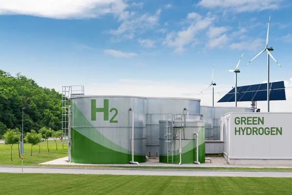 Yeşil Hidrojen Fabrikası Konsepti Yenilenebilir Enerji Kaynaklarından Hidrojen Üretimi Yüksek — Stok fotoğraf