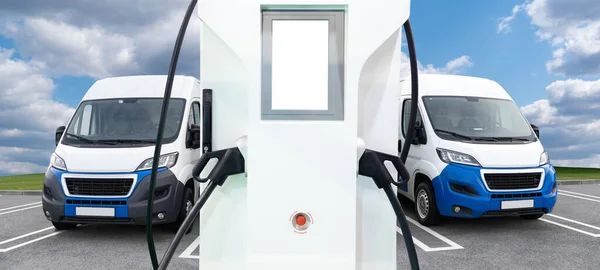 Electric delivery vans with electric vehicles charging station. High quality photo