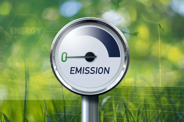 Calibre Com Inscrição Emissão Seta Aponta Para Zero Conceito Energia — Fotografia de Stock