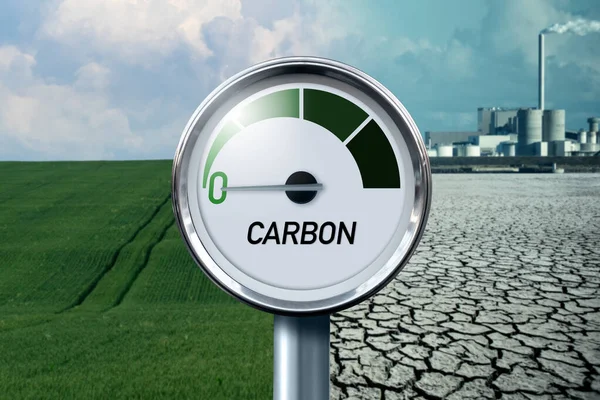 Meter Met Inscriptie Carbon Pijl Wijst Naar Nul Een Achtergrond — Stockfoto