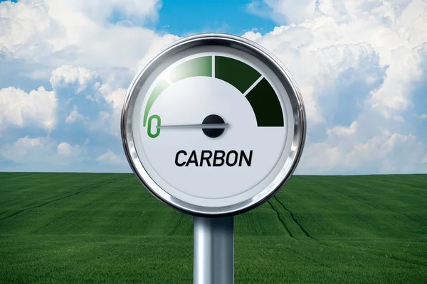 Calibro Con Iscrizione Carbonio Freccia Punta Zero Concetto Neutralità Del — Foto Stock
