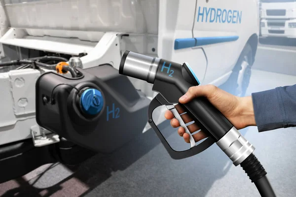 Hand Fueling Nozzle Background Hydrogen Fuel Cell Truck Eco Friendly — Stock Photo, Image