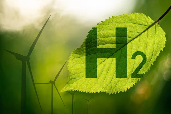 Hidrogén Képlet Egy Zöld Levélen Szélturbinák Háttérben Zöld Hidrogén Koncepció — Stock Fotó