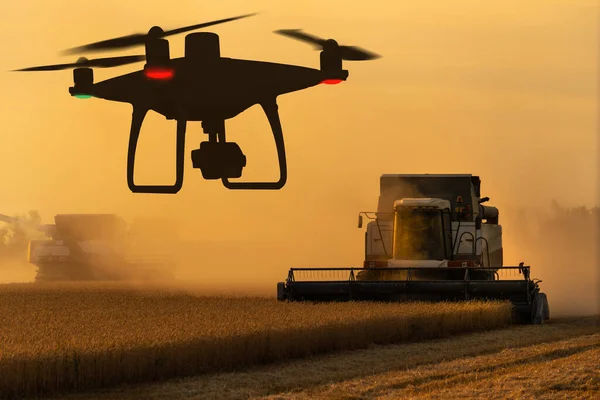 Silhouettes Combine Harvester Drone High Quality Photo — Stock Photo, Image