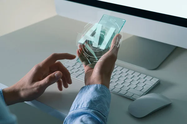 Man Holding Transparent Futuristic Smartphone Symbol Artificial Intelligence Concept High — Stock Photo, Image