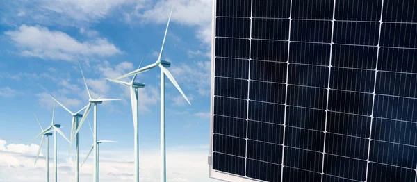 Větrné Turbíny Solární Panel Kvalitní Fotografie — Stock fotografie